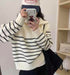 Heavy Knitted Collar Zip Stripes Pullover
